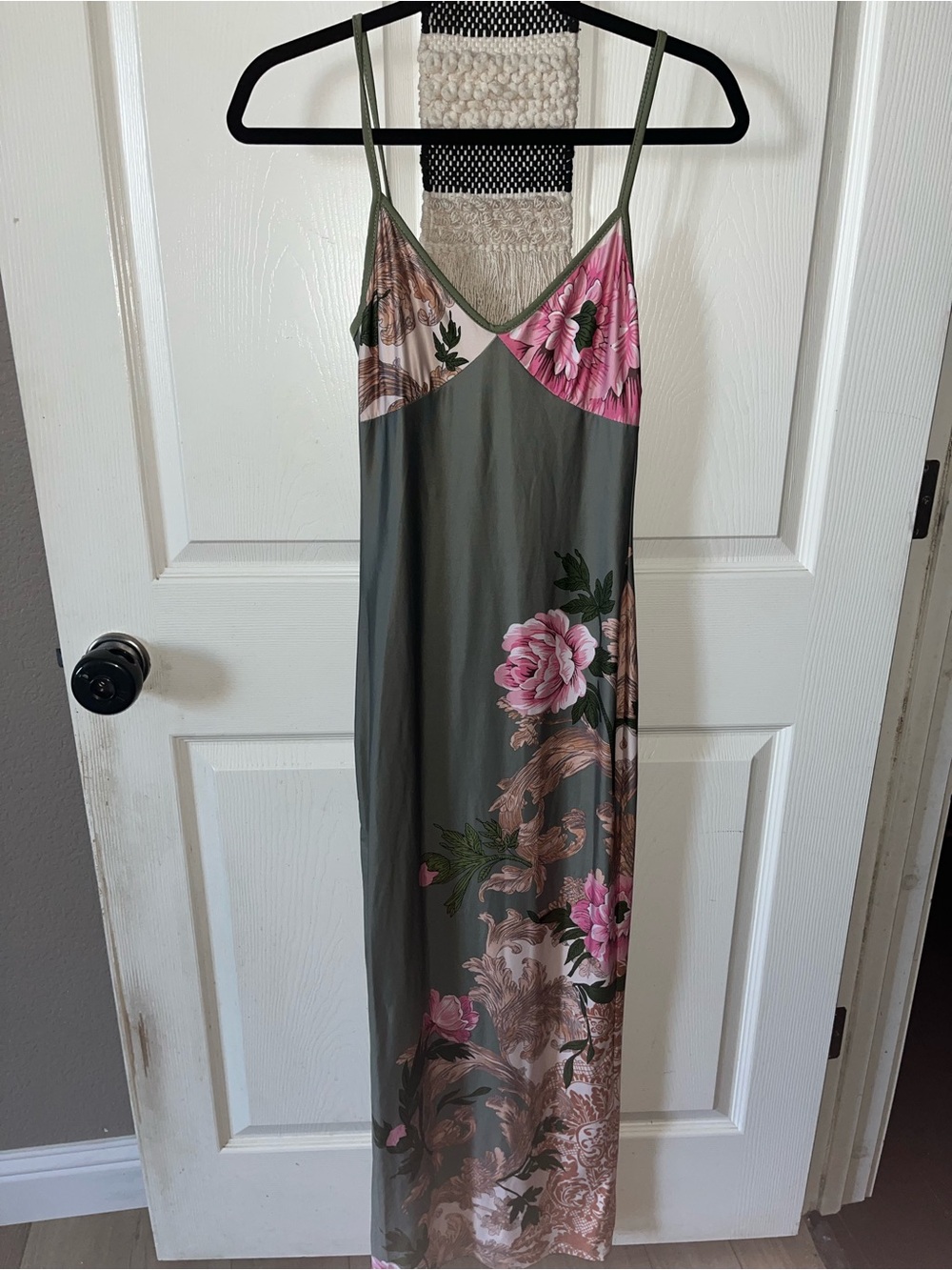 Amazon Olive Green Maxi Slip Dress with Pink Floral Print